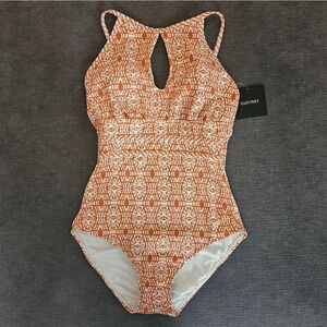 Ellen Tracy Orange Print key hole High Neck Over-The-Shoulder One Piece Swimsuit